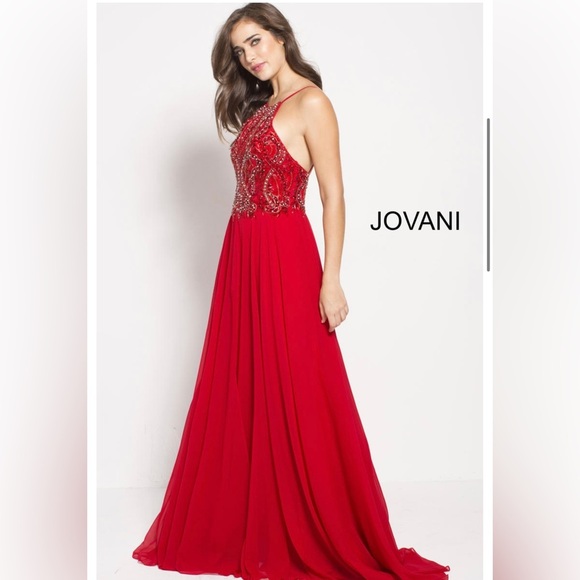 Jovanni Halter Keyhole Long Evening Dress